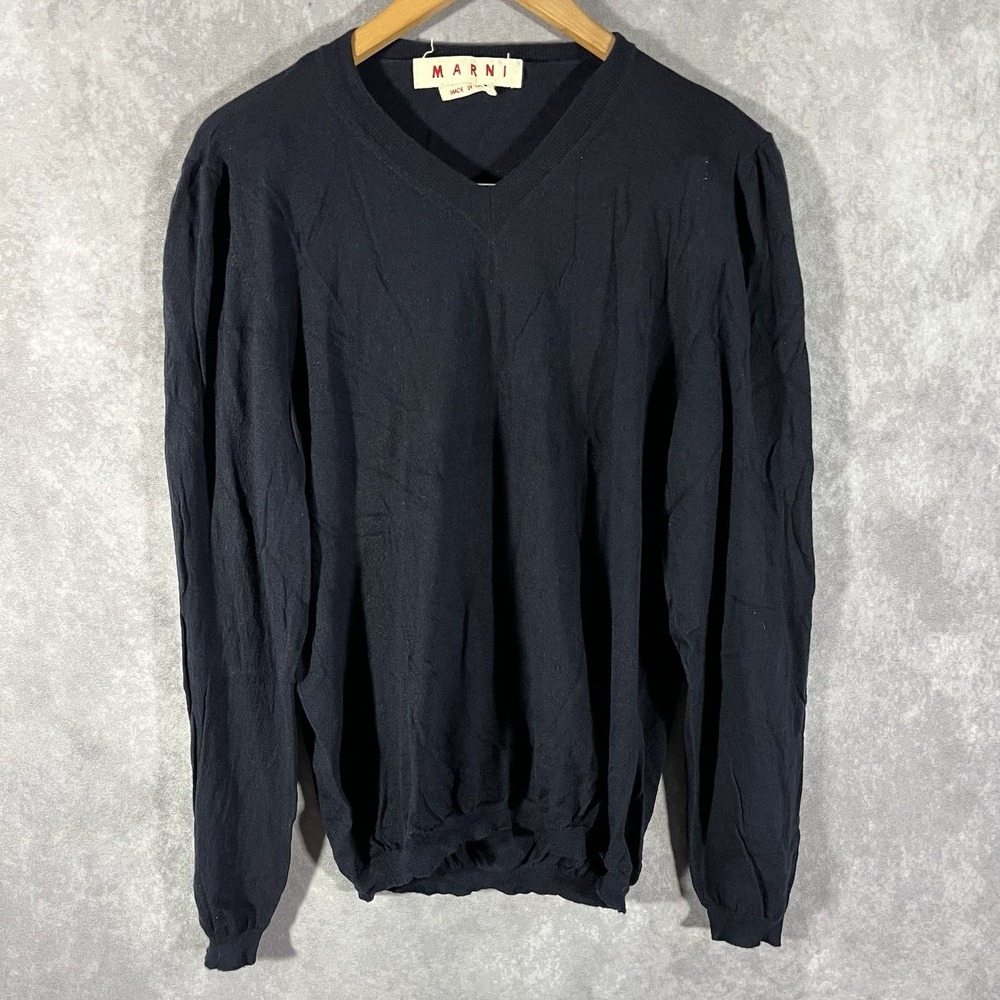Marni V-Neck Sweater Women 52 Navy Blue Puff Shoulder Italian Knit Pullover